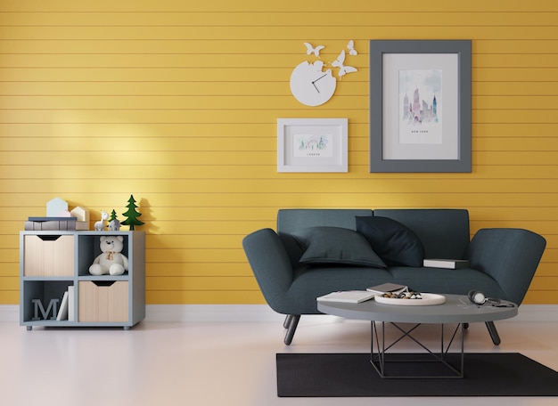 Interni simulano una cornice un divano blu scuro è posto in una stanza con doghe di legno gialle