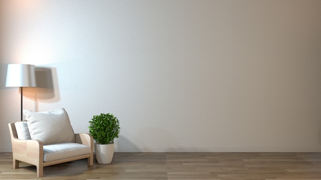 Interior mock up with armchair in japanese living room with empty wall