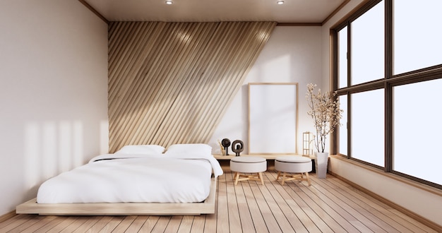 Interior mock up with zen bed plant and decoartion in japanese
bedroom. 3d rendering.