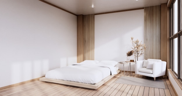 Interior mock up with zen bed plant and decoartion in japanese bedroom. 3D rendering.