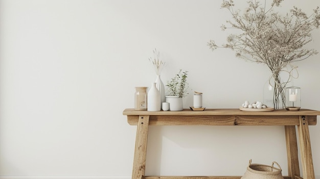 Interior mockup Christmas farmhouse entryway Wooden console table near white wall Generative Ai