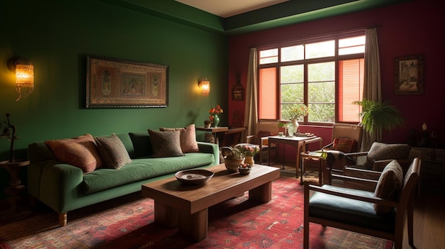 Зеленая стена макета интерьера с зеленым диваном и зеленым креслом в гостиной