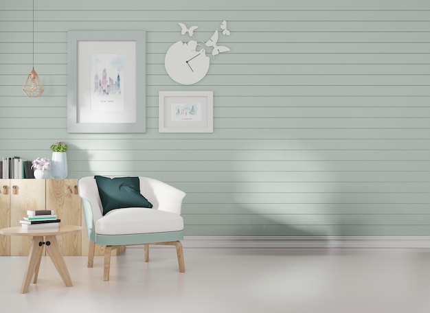 Interior mockup in a room with blue slats on the wall and a picture frame a blue armchair is posit