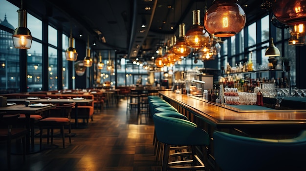 Interior of a modern bar with tables and chairs