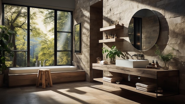 Interior of modern bathroom in luxury ecostyle chalet Stonetextured walls freestanding bathtub wood trim indoor plants large panoramic window with scenic forest view Contemporary design