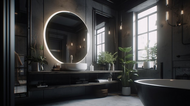 Interior of modern bathroom with bathtub and mirror