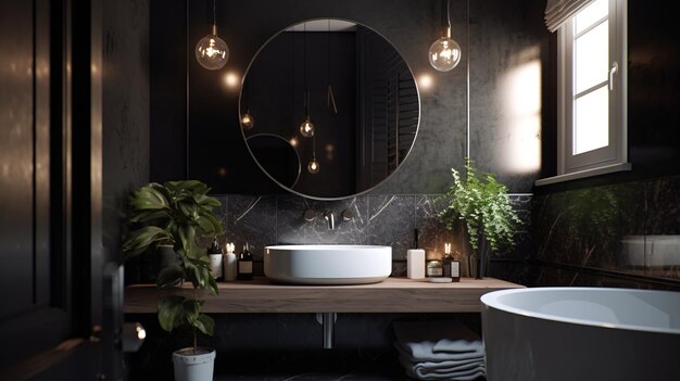 Interior of modern bathroom with bathtub and mirror