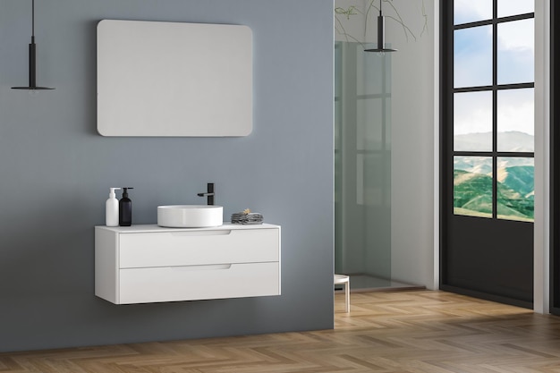 Interior of modern bathroom with blue and white walls wooden floor bathtub plants white sink standing on wooden countertop and a oval mirror hanging above it 3d rendering