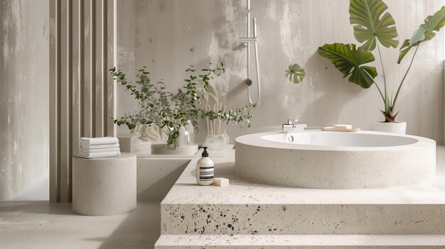 Interior of modern bathroom with concrete walls concrete floor white bathtub and green plants