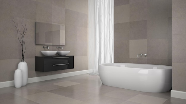 Interior of modern bathroom with granite tiles wall 3D rendering