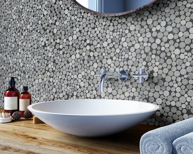 Интерьер современной ванной комнаты со стеной, покрытой круглой мозаикой серых оттенков. Спа-процедуры. 3d рендеринг