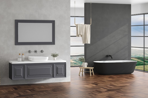 Interior of modern bathroom with white and dark walls parquet\
floor bathtub indoor.3d rendering