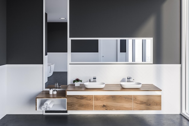 Interior of modern bathroom with white and gray walls, concrete floor, double sink standing on wooden countertop with vertical and horizontal mirror above it. 3d rendering