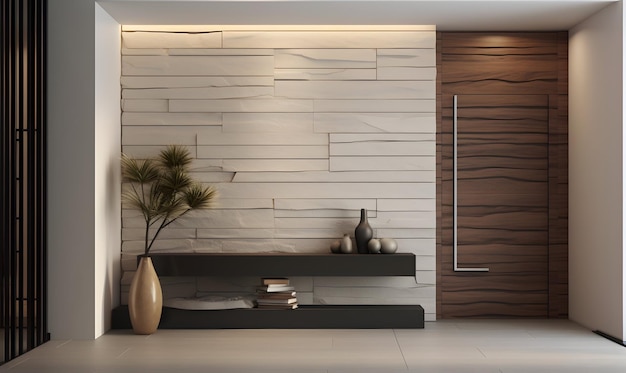 Interior of modern bathroom with white walls wooden floor comfortable brown sofa and round mirror