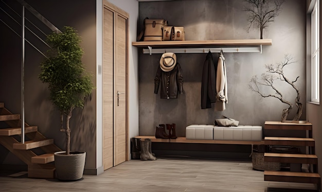 白い壁の木製の床の快適な茶色のソファと丸い鏡の近代的な浴室のインテリア