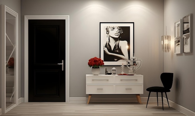 Foto interno di un bagno moderno con pareti bianche pavimento in legno comodo divano marrone e specchio rotondo