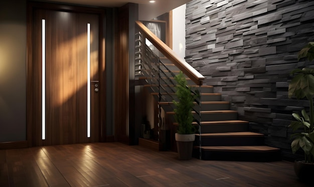 Interior of modern bathroom with white walls wooden floor comfortable brown sofa and round mirror