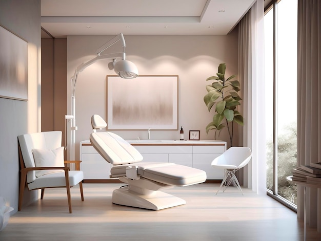 Interior of modern beauty salon with white walls concrete floor comfortable white armchairs and ba