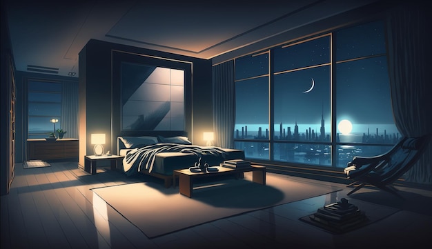 interior of the modern bedroom at night Generative AI illustrator