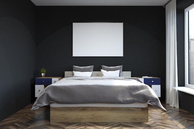 Interior of a modern bedroom with black walls, a master bed and a horizontal framed poster. A front view. 3d rendering mock up