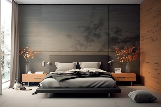 Interior of modern bedroom with gray walls