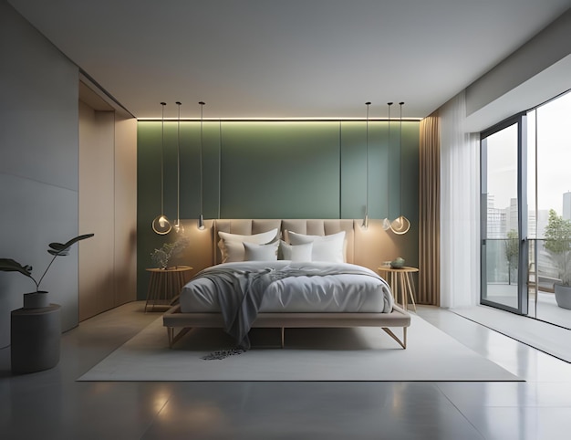 Interior of modern bedroom with green walls concrete floor comfortable king size bed and wooden bedside table with two bedside tables generative ai