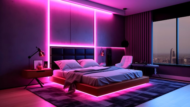 Interior of modern bedroom with pink neon lights