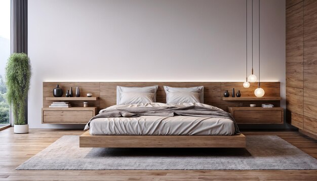 Photo interior of modern bedroom with white walls wooden floor comfortable king size bed and wooden wardro