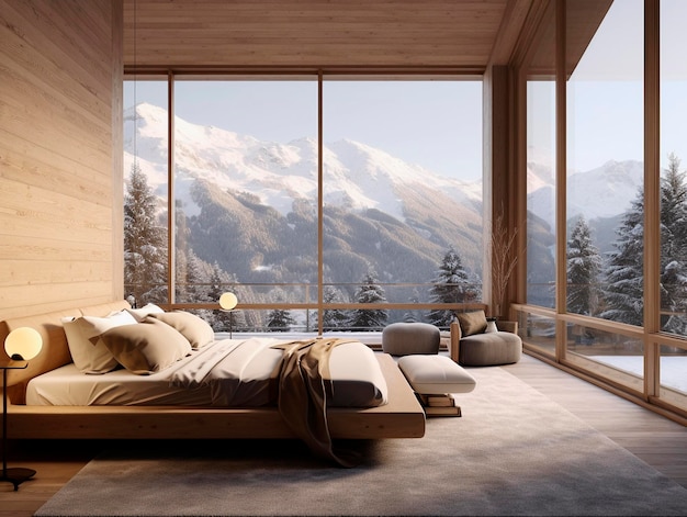 Interior of modern bedroom with wooden walls concrete floor comfortable king size bed and mountain