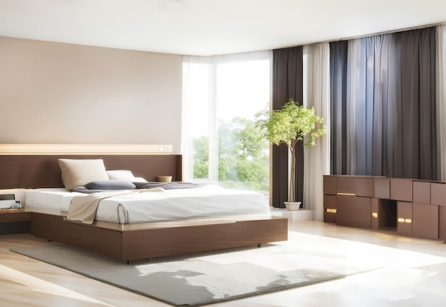 Interior of modern bedroom with wooden walls wooden floor wooden wardrobe and comfortable bed