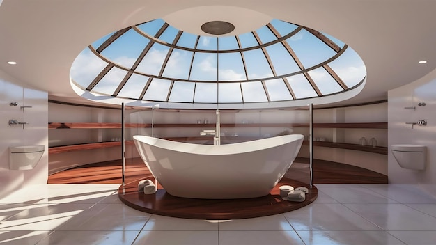 Интерьер современной светлой просторной ванной с самостоятельной ванной 3D-рендер