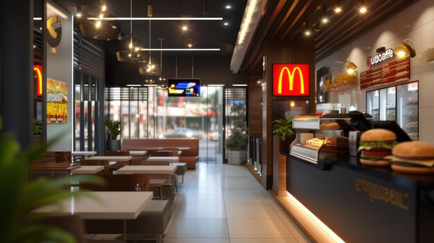 Interior of the modern Burger shop is empty Cafe restaurant interior cafe is without customers and visitors Burger shop background