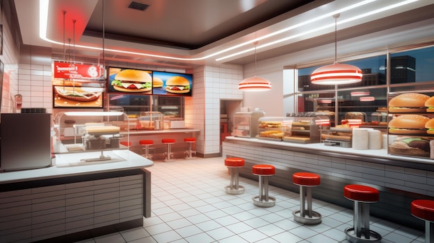 Interior of the modern Burger shop is empty Cafe restaurant interior cafe is without customers and visitors Burger shop background