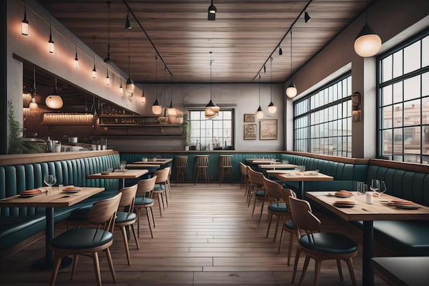Интерьер современного кафе с голубыми стенами и деревянным полом