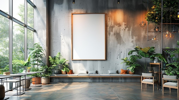 Интерьер современного кафе с серыми стенами бетонный пол темный деревянный пол и большой вертикальный макет по