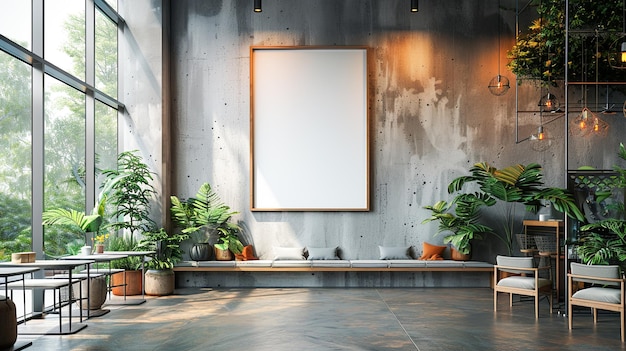 Photo interior of modern cafe with gray walls concrete floor dark wooden floor and big vertical mock up po