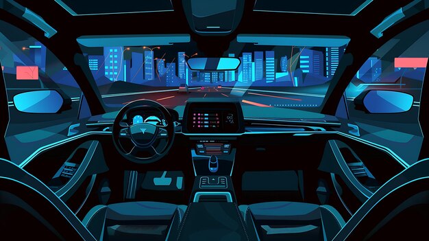 Photo the interior of a modern car with a futuristic design the car is driving on a highway at night and the city lights are reflected in the windshield