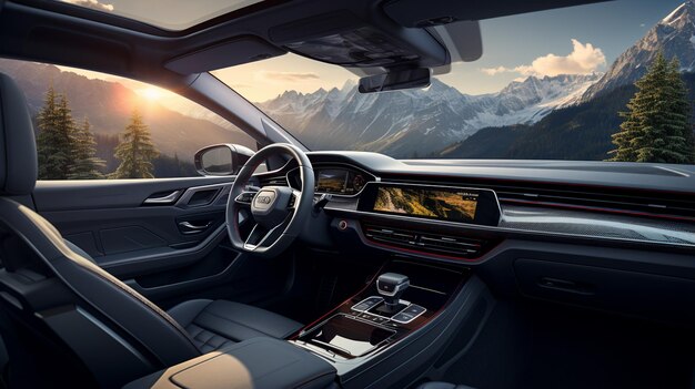 Photo interior of modern car with a mountain view