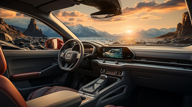 Photo interior of modern car with a mountain view