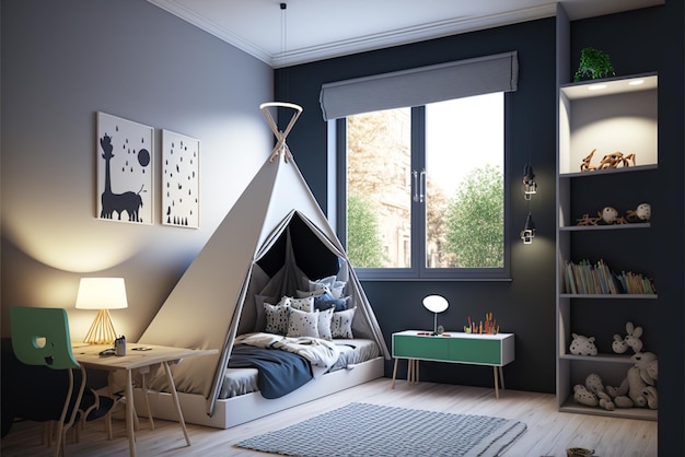 Photo interior of modern children's room with stylish furniture and toys children's hut play tent and toys