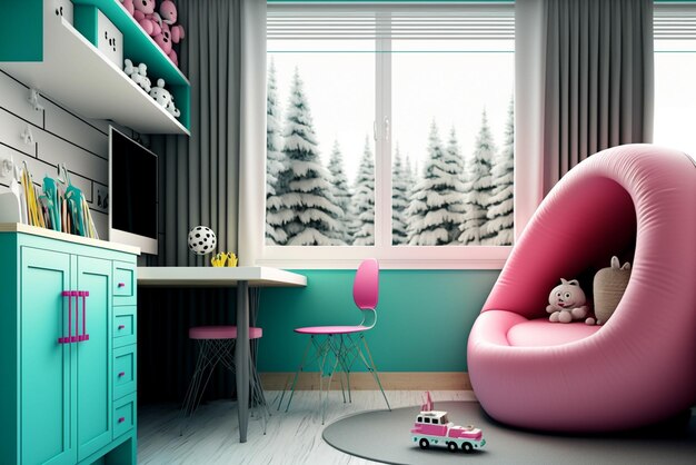 Photo interior of modern children's room with stylish furniture and toys children's hut play tent and toys