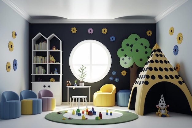 스타일리시한 가구와 장난감으로 현대적인 어린이 방의 인테리어 어린이 놀이 방 어린이 침실 어린이 오두막 놀이 텐트 및 장난감
