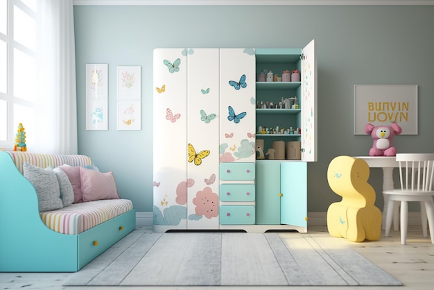 Interior of modern children's room with stylish furniture and toys Kids play room kids bed room Children's hut play tent and toys