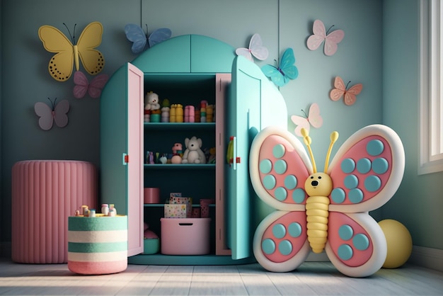 Interior of modern children's room with stylish furniture and toys Kids play room kids bed room Children's hut play tent and toys