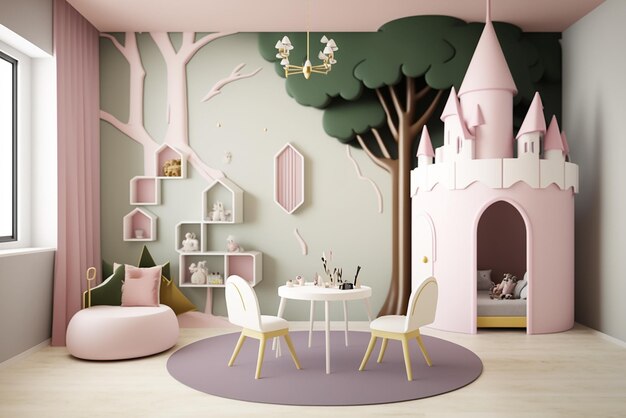 現代的な子供の部屋のインテリア スタイリッシュな家具とおもちゃ 子供の遊び部屋 子供の寝室