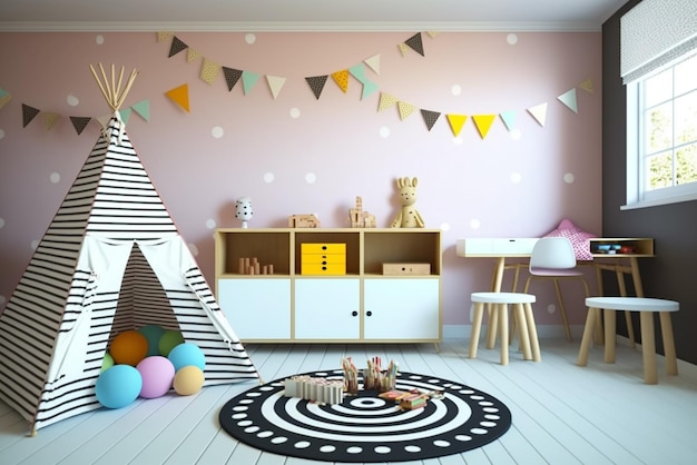 스타일리시한 가구와 장난감과 함께 현대적인 어린이 방의 인테리어 어린이 놀이 방 어린이 침실