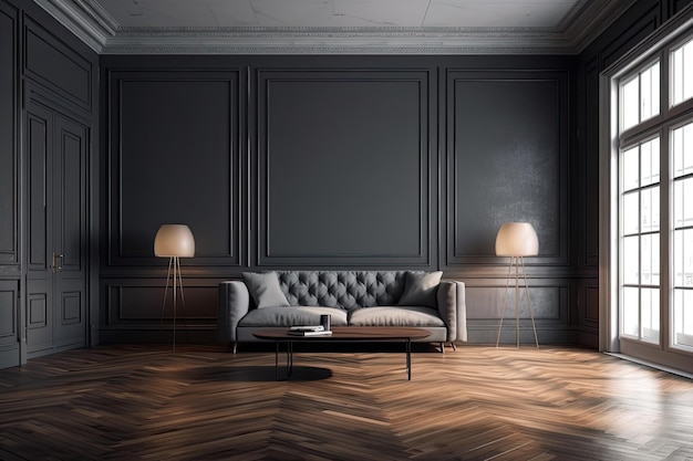 Interior in modern classic gray with wooden floor and wall panels mock up for an illustration