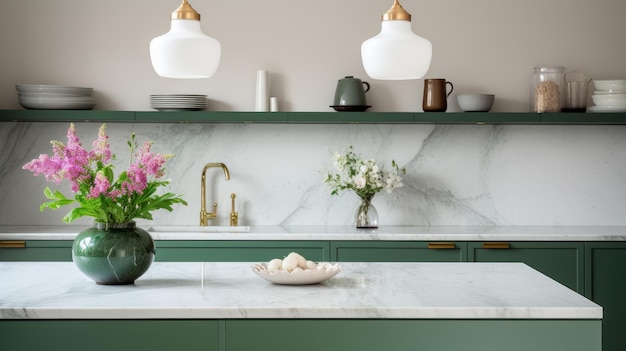 Interior of modern classic kitchen Green facades marble countertop and backsplash flowers in vases vintage pendant lamps various crockery on the shelf Contemporary home design