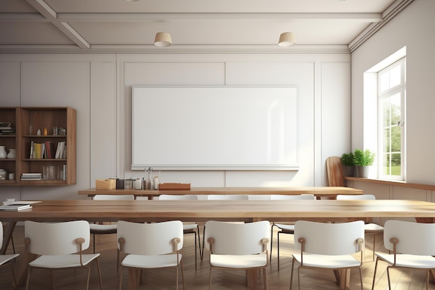 Interior of modern classroom with white comfortable furniture and empty board