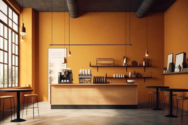 Interior of modern coffee shop with yellow walls concrete floor brown wooden countertops
